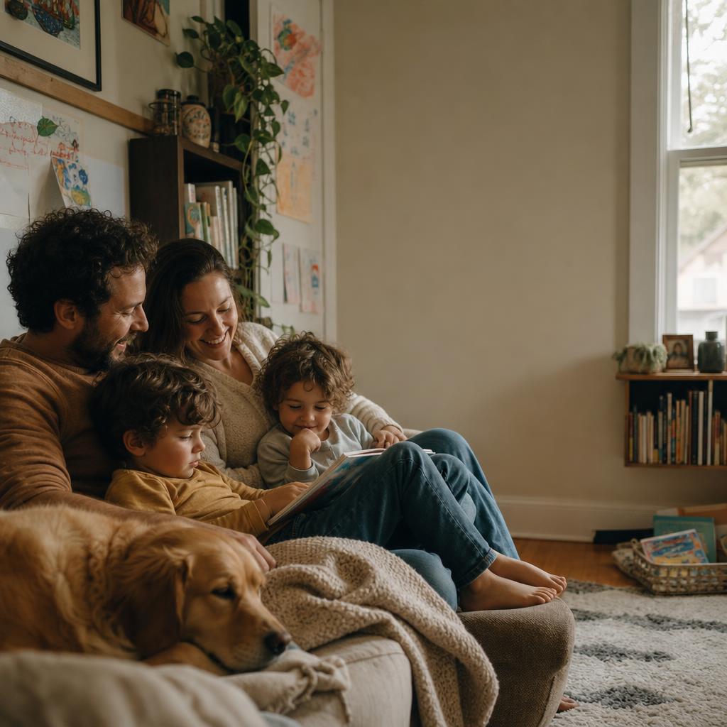 A family with two children and their dog relaxing in a lived-in living room