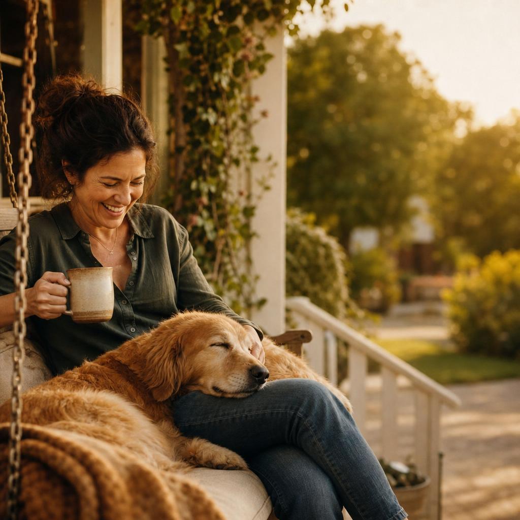 A woman relaxes on her porch with her dog while Center coordinates the repair