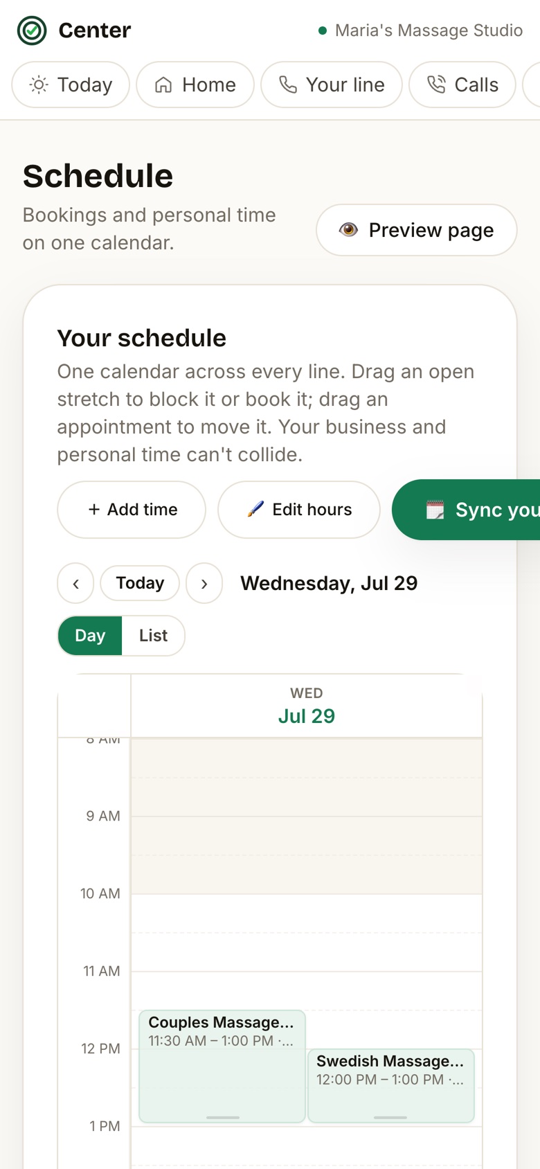 The Center dashboard on a phone, showing the week schedule with booked appointments.