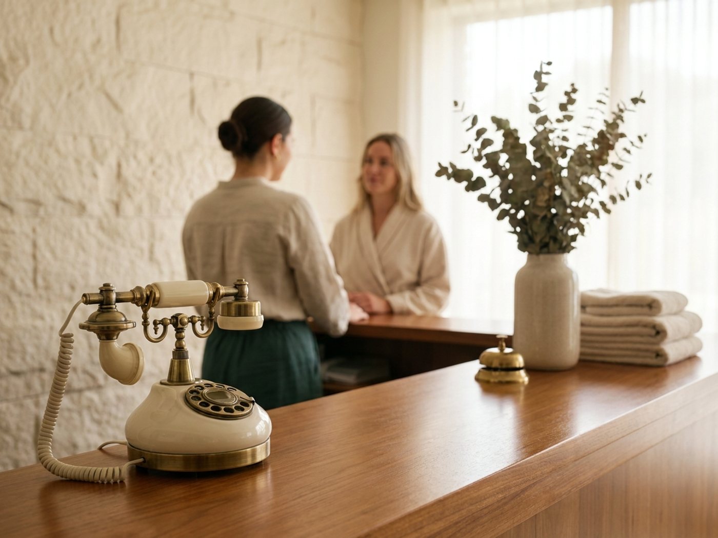 Spa reception desk with warm wood and brass bell