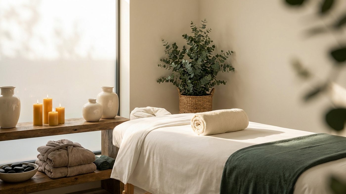 Empty massage room with candlelight